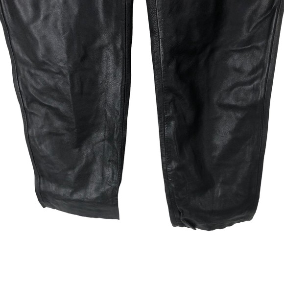 Vintage Jacqueline Ferrar Black Leather Pants SZ 10 High Rise Unhemmed Straight - Picture 5 of 8